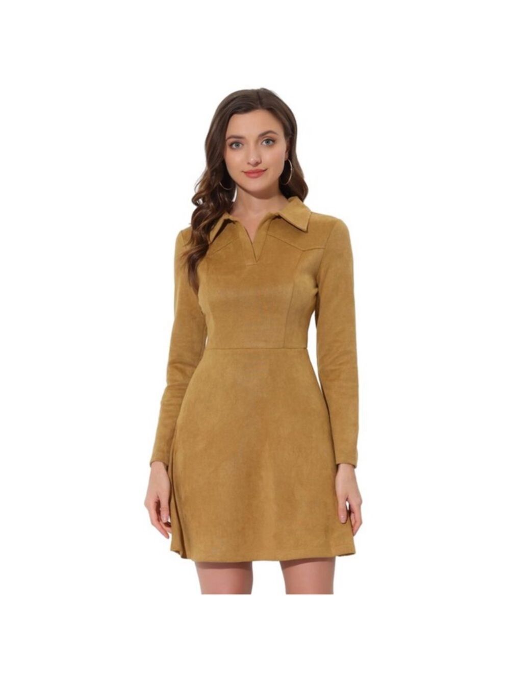 Allegra K Faux Suede Lapel Neck Long Sleeve A-Line Dress Tan Medium